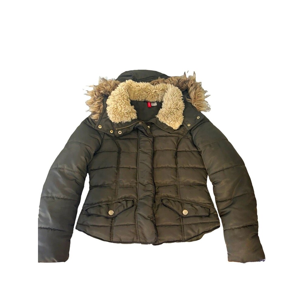 H&M Divided Womens Black Puffer Jacket Faux Fur Trim Hood Size 10